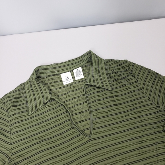 3/$15 AX Armani Exchange green, black striped shirt size medium - Picture 2 of 9